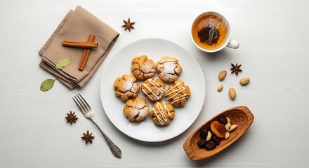 Homemade butter cookies with powdered sugar, warm tea, aromatic spices, and nuts on a white table for a cozy snack