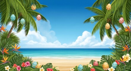 Tropical Easter beach vacation with colorful eggs and palm trees