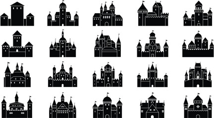 Castle silhouette collection, medieval fortress icons, fantasy architecture, black vector castles, tower illustration set, royalty theme, graphic design asset © Montaha Creatives