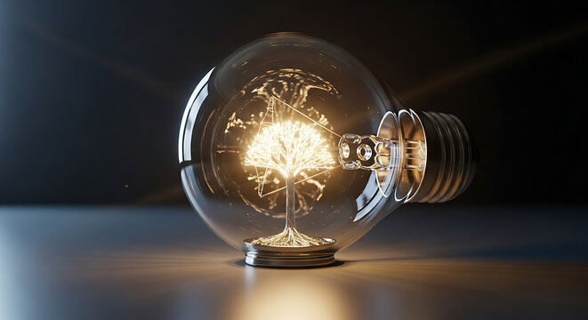 Glowing Tree Growing Inside a Lightbulb - Green Energy Concept - Powered by Adobe