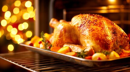 Fototapeta premium A beautifully roasted chicken is placed on a tray, surrounded by colorful vegetables. The warm glow from the oven and twinkling lights create a cozy atmosphere for the celebration