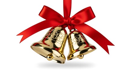 Shiny Gold Bells With Red Ribbon For Holiday