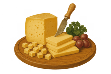 Cheese board illustration with block of yellow cheese, slices, cubes, knife, red grapes and parsley on wooden platter