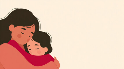 Color illustration .  Happy Mother's Day. A mother hugs her daughter. A mother hugs her son. Space for the text. A black family.