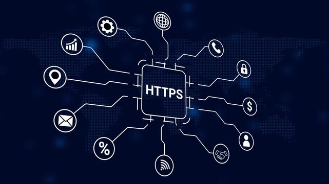 HTPS secure connection diagram with icons for online security and communication on a digital world map