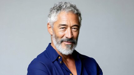 A middle-aged man stands against a light backdrop, wearing a blue button-up shirt. His gray hair and beard give him a distinguished look while he smiles warmly, radiating confidence