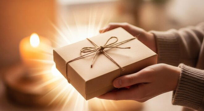 Warm hands present a glowing gift box, symbolizing heartfelt generosity and festive holiday spirit