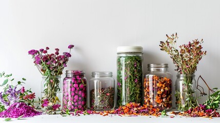 Assorted colorful dried flowers in glass jars on a white surface, elegant arrangement