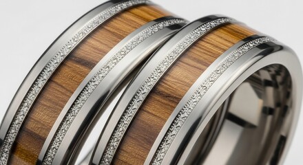 Closeup of two metal rings with warm brown wood inlays and detailed engraved patterns on the polished borders