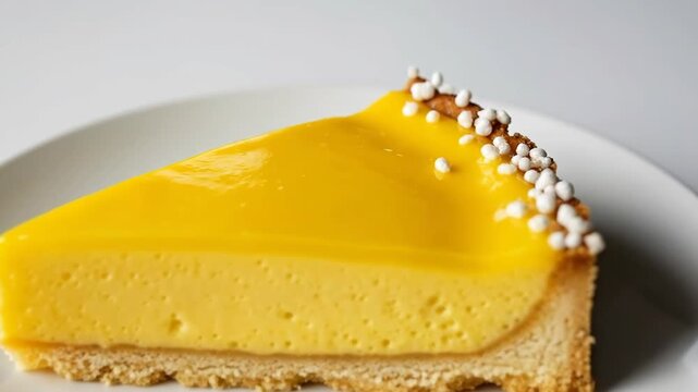 Delicious lemon tart slice zoom with smooth rotation on white plate