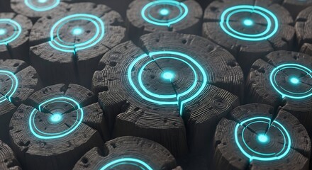 Closeup of weathered dark wood log crosssections each featuring a glowing cyan concentric circle design with a bright center