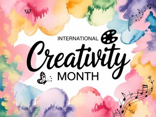 Celebrate international creativity month with vibrant watercolor splashes and artistic symbols
