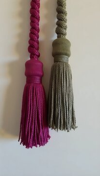 A close up of two tassels hanging on a wall.