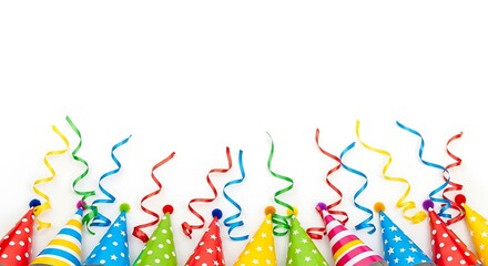 Colorful party hats and streamers border