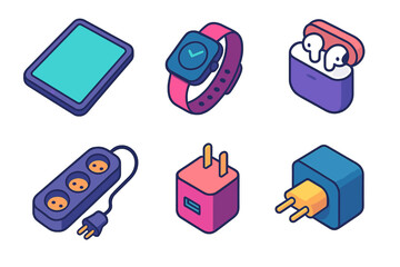 Modern Charger Icons. Multi-Device Chargers flat icon set: tablet, smartwatch, earbuds case, power strip, USB port, plug adapter
