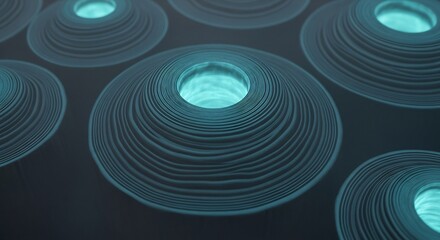 Concentric ridged circular forms with glowing turquoise centers appearing like abstract structures on a dark indistinct surface