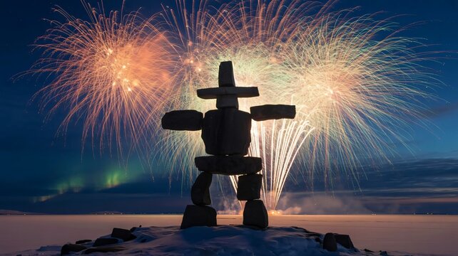 Inukshuk stands firm under vibrant fireworks and aurora in arctic night - Powered by Adobe