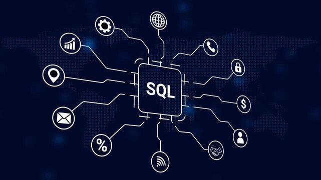 SQL Database Connection Diagram with Icons Representing Data Management and Business Functions technology
