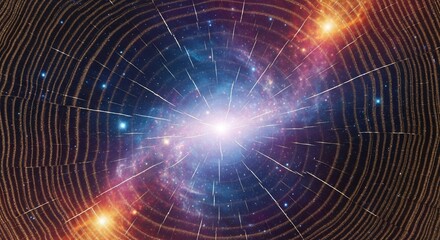 Cosmic light burst radiating through a dark tunnel with organic concentric ring patterns and scattered stars