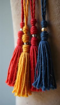 A close up of three different colored tassels hanging from a wall.