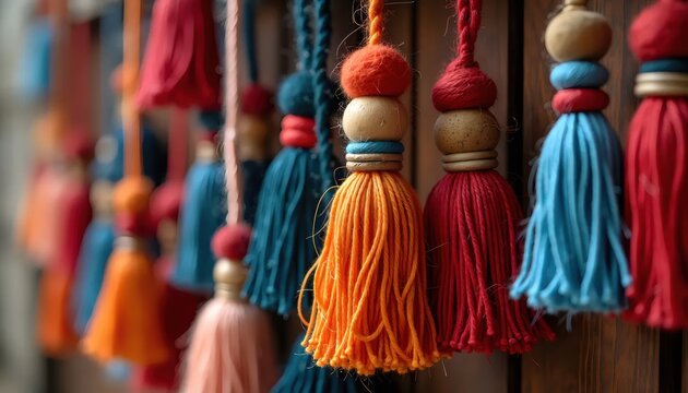 A bunch of colorful tassels hanging on a wooden wall.