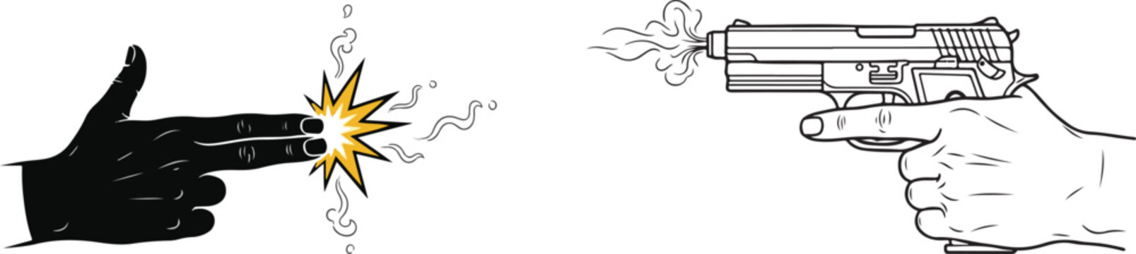 Vector Illustration of Finger Gun and Automatic Pistol Firing Action