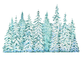 Obraz premium Hand drawn snowy forest with snow covered fir trees. Watercolor illustration.