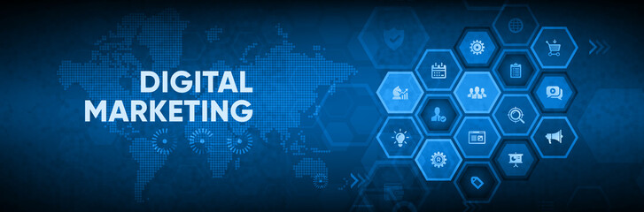 Digital Marketing Strategy Concept with Hexagonal Icons, World Map, and Abstract Blue Technology Background for SEO, Social Media, and Business Analytics Global Network