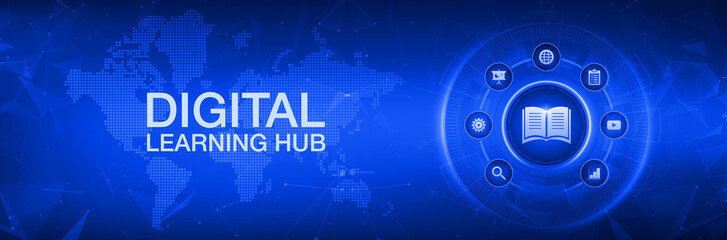 Digital Learning Hub concept banner, online education technology background with world map and book icon, modern e-learning platform interface, global virtual classroom.