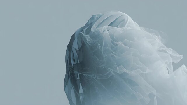 A woman with long hair. The woman is wearing a veil. Modern digital art of a ghost woman fading into mist, minimal design, subtle gradients, clean composition, digital art female ghost