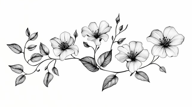 Detailed monochrome illustration depicts a flowing botanical arrangement featuring blossoms and foliage