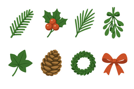 Festive Greenery Icons. Holiday greenery flat icon set : spruce branch, holly berries, pine needles, mistletoe bunch, ivy leaf, cedar cone, green garland, ribbon bow