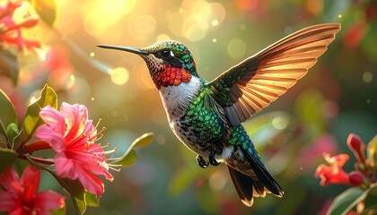 Hummingbird in flight near pink flowers with sunlight.