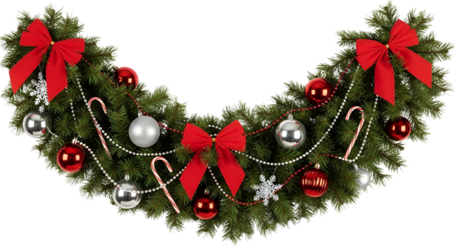 A festive Christmas garland adorned with red bows, silver and red ornaments, candy canes, and beaded strings, against a transparent  background.
