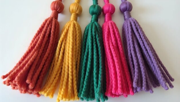 A row of colorful tassels on a white surface.