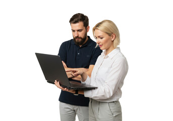 Two colleagues collaborating on a laptop isolated on transparent background