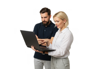 Two colleagues collaborating on a laptop isolated on transparent background