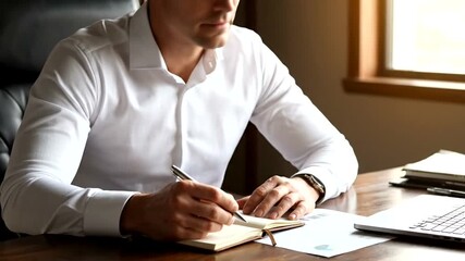 Focused businessman meticulously taking notes during a productive work session at his desk - Powered by Adobe