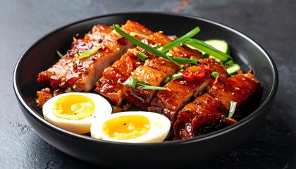 Delicious Char Siu Pork Bowl with Soft Boiled Eggs.