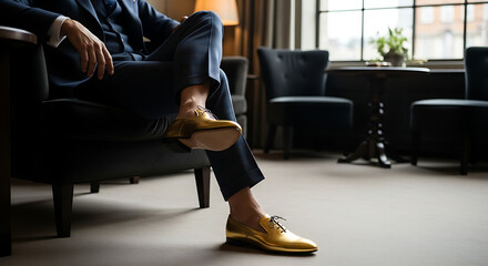 Man in blue suit and golden shoes relaxing