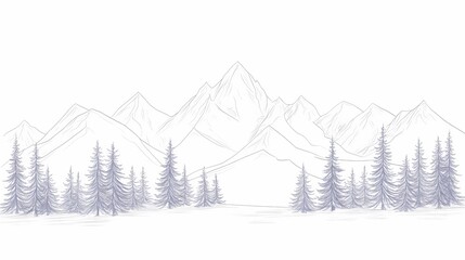 Hand drawn sketch depicts a panorama of jagged mountain peaks towering above a dense line of evergreen trees