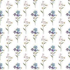 Seamless pattern, blue flower background with watercolor bouquets. Repeat fabric wallpaper print texture. Perfectly for backdrop, wrapped paper.