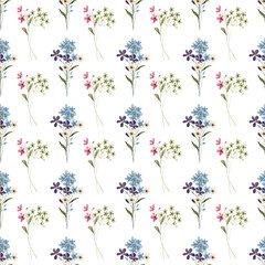Seamless pattern, blue flower background with watercolor bouquets. Repeat fabric wallpaper print texture. Perfectly for backdrop, wrapped paper.