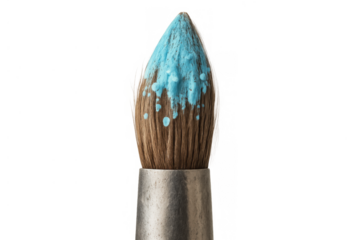 Paintbrush with blue drops of paint on bristles, representing art, creativity, and drawing on transparent background