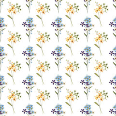 Seamless pattern, blue flower background with watercolor bouquets. Repeat fabric wallpaper print texture. Perfectly for backdrop, wrapped paper.