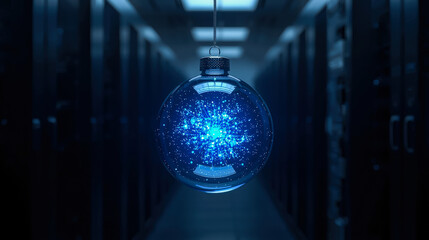 Glass Christmas ball with glowing digital particles hanging in server room. High-tech holiday and data center concept.
