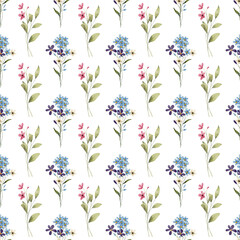 Seamless pattern, blue flower background with watercolor bouquets. Repeat fabric wallpaper print texture. Perfectly for backdrop, wrapped paper.