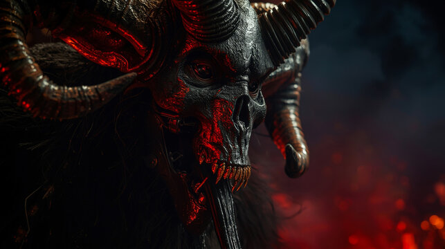 Profile of scary Krampus or demon with twisted horns and glowing eyes. Dark fantasy horror background with fire.