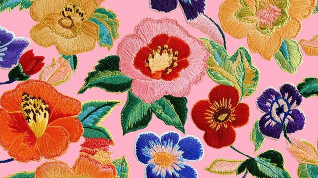 Embroidered flower background for textile and craft design.