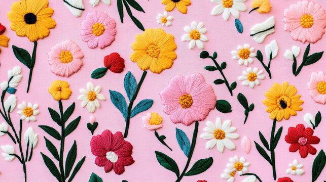 Embroidered flower background for textile and craft design.